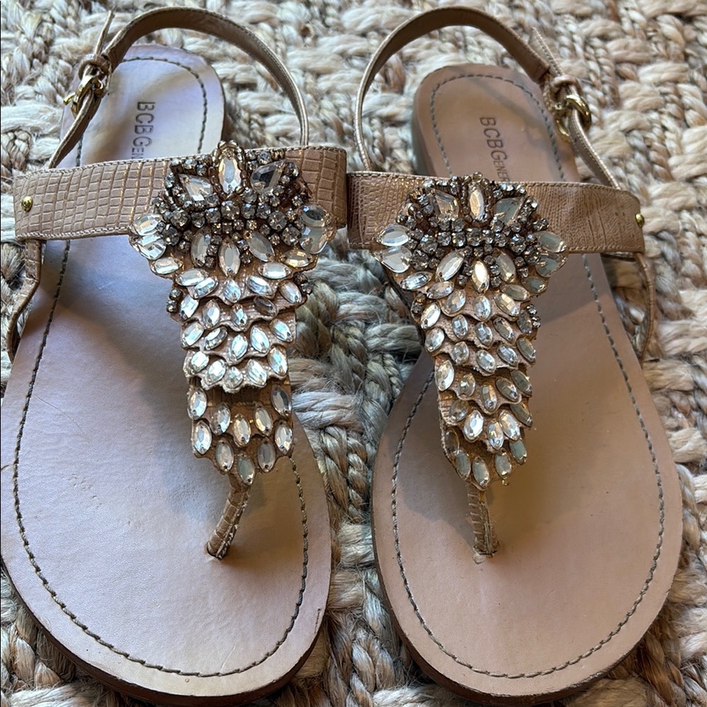 BCBGeneration Tan and Silver Sandals with Rhinestone Accents